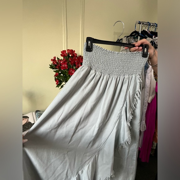 Pastel Baby Blue High Waisted Stretch Midi Maxi Ruffle Frayed Hem Modest Skirt L - Picture 13 of 16